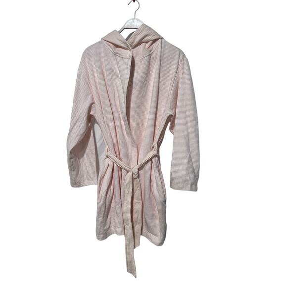 ROUDELAIN WOMENS MEDIUM COZY ROBE DOLMAN-SLEEVE HOODED SHORT PINK WHITE STRIPE - Picture 3 of 14